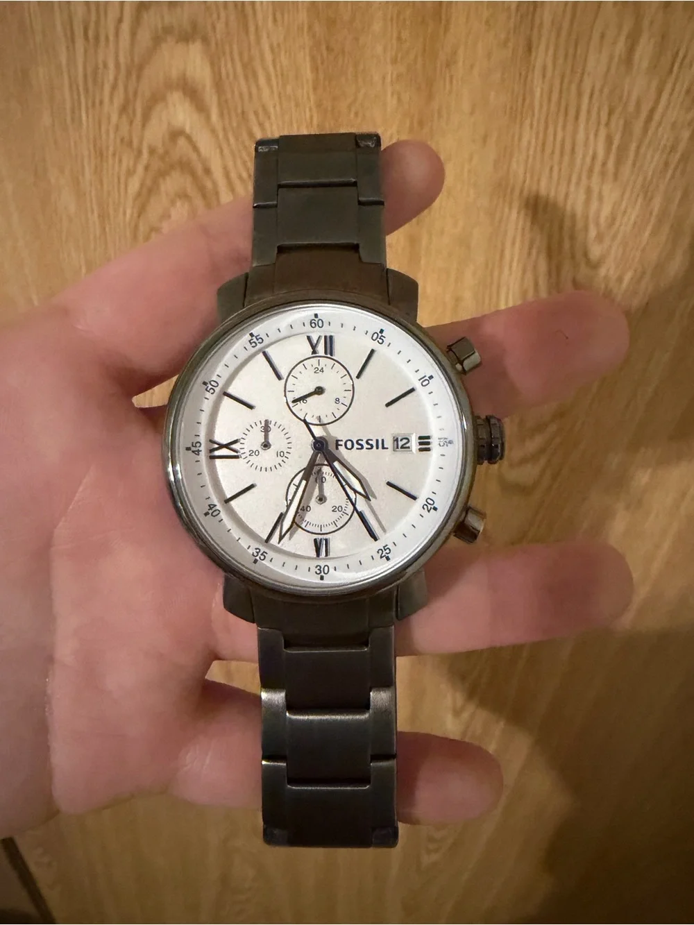 Fossil Chronograph Watch with White Dial and Dark Metal Bracelet